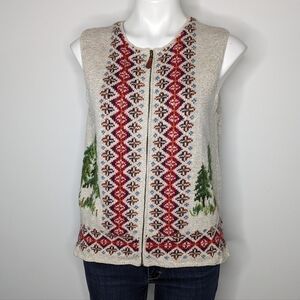 Northern Isles tan red green tree & canoe zip up linen blend sweater vest M
